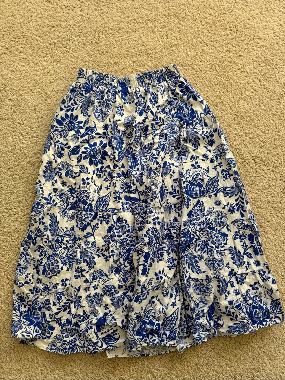 Blue & White Floral Tiered Maxi Skirt